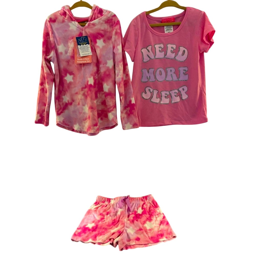 Saint Eve Sleepwear‎ Set Girls XS 5/6 Pink Tie Dye Star Hoodie Tee Shorts 3pc